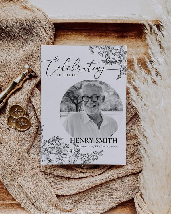 Celebrate Life Invitation, Black Roses Funeral Program Template, 4 Pages Obituary Template with Photo for Man and Woman