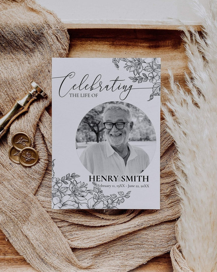 Celebrate Life Invitation, Black Roses Funeral Program Template, 4 Pages Obituary Template with Photo for Man and Woman