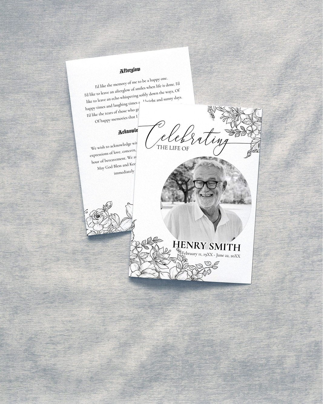 Celebrate Life Invitation, Black Roses Funeral Program Template, 4 Pages Obituary Template with Photo for Man and Woman