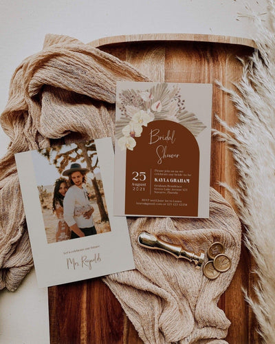 Boho Rust Wedding Bridal Shower Invitation - Burnt Orange Theme | Terracotta | Copper Saree | Instant Download Digital Template