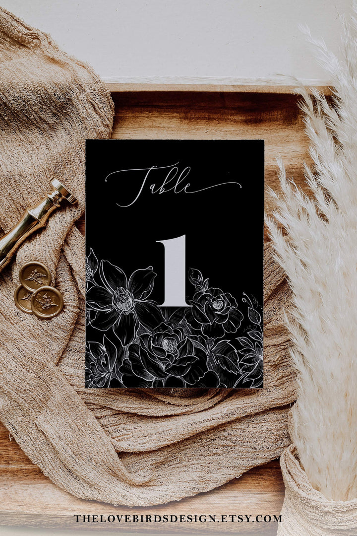 Gothic Table Numbers Sign Printable Template for Wedding Birthday Bridal Shower or Funeral, Rock n Roll Tattoo Table Sign