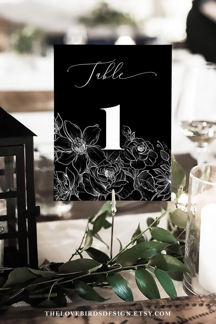 Gothic Table Numbers Sign Printable Template for Wedding Birthday Bridal Shower or Funeral, Rock n Roll Tattoo Table Sign
