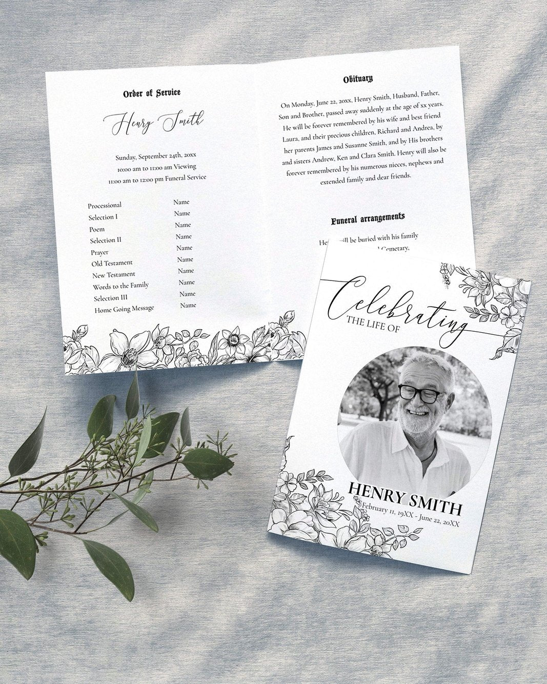 Celebrate Life Invitation, Black Roses Funeral Program Template, 4 Pages Obituary Template with Photo for Man and Woman