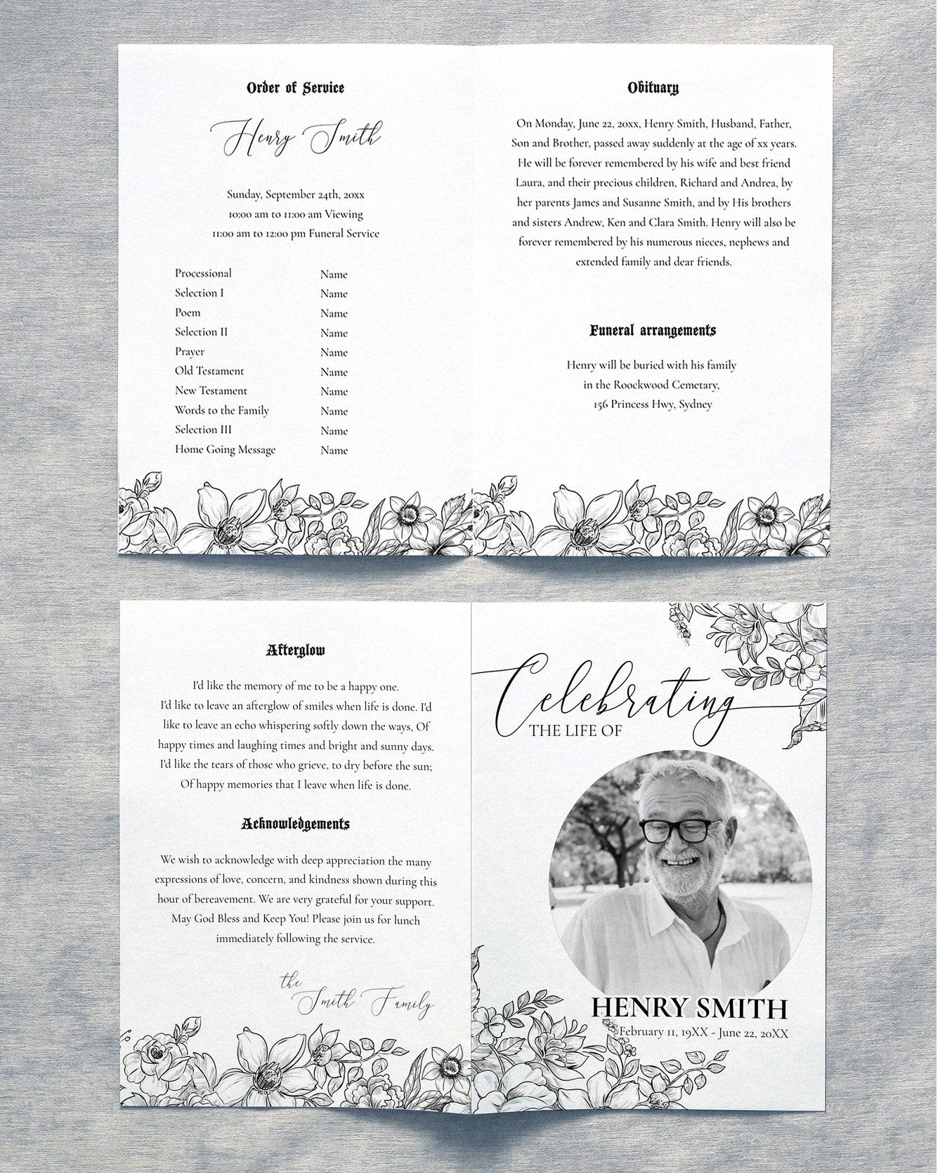 Celebrate Life Invitation, Black Roses Funeral Program Template, 4 Pages Obituary Template with Photo for Man and Woman