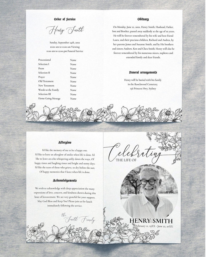 Celebrate Life Invitation, Black Roses Funeral Program Template, 4 Pages Obituary Template with Photo for Man and Woman