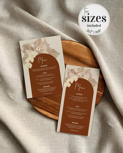 Boho Rust Wedding Menu Cards - Burnt Orange Terracotta Theme - Instant Download Digital Template