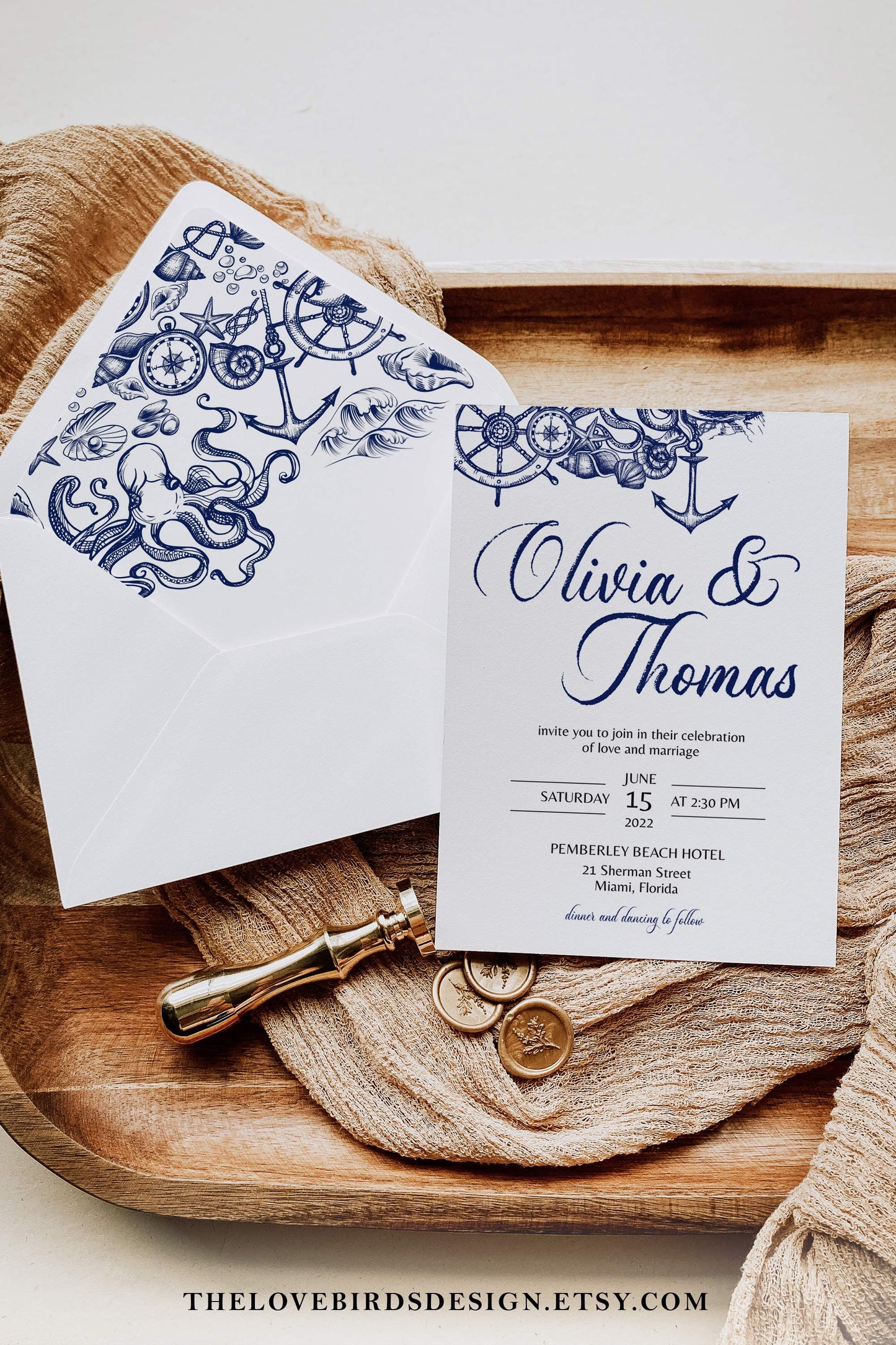 Nautical Wedding Decor, Envelope Liners for Beach Ocean Wedding | Printable Template
