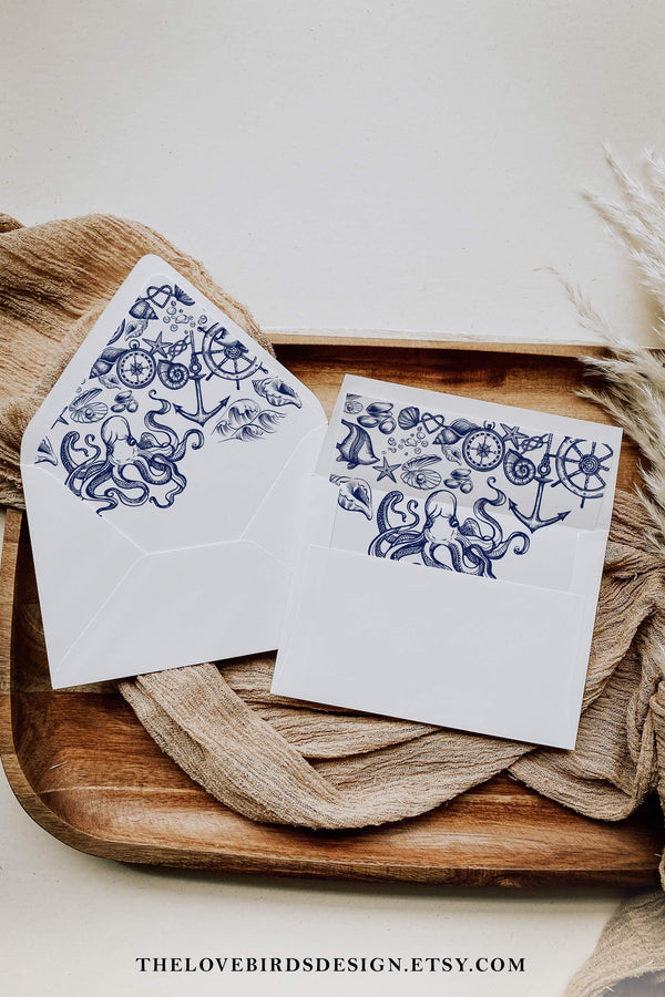 Nautical Wedding Decor, Envelope Liners for Beach Ocean Wedding | Printable Template