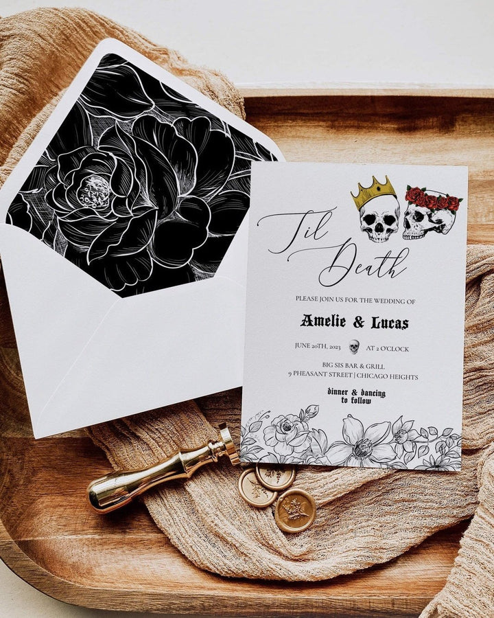 Rock n Roll Tattoo Motorcycle Wedding Envelope Liners Template, Gothic Envelope Liner, Till Death Skull Halloween Party