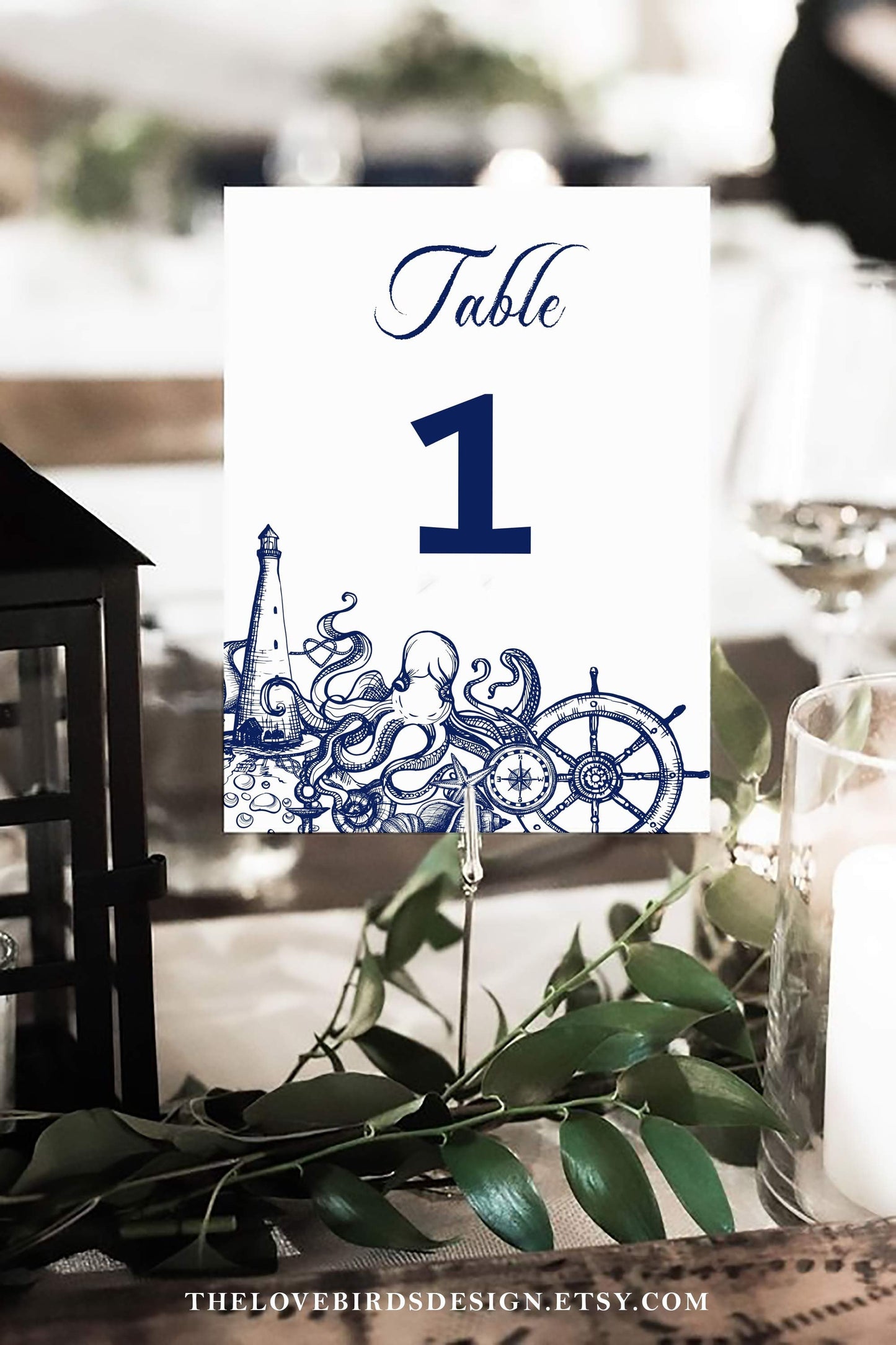 Nautical Table Numbers Template for Wedding Bridal Party or Baby Shower, Maritime Table Number Sign