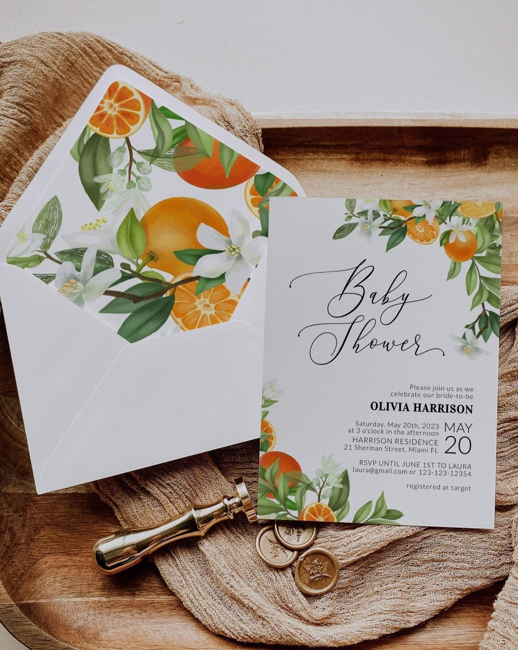 Citrus Envelope Liners Template for Wedding Bridal Shower Graduation or Baby Shower Invitation, Oranges a7 euroflap & square flap #073c
