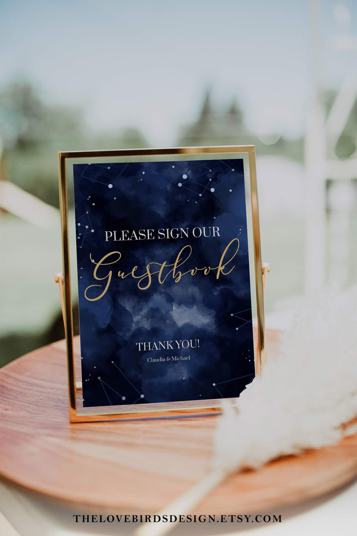 Celestial Wedding Sign Bundle, Moon Wedding Banner Set for Navy Blue und Gold Space Decorations 066 - marryful