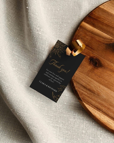 Celestial Wedding Thank you Tags, Custom Template, Black Navi Blue and Gold elegant Bohemian Sun and Moon Wedding #062