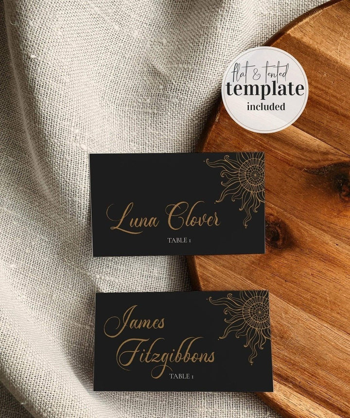 Place Cards for Celestial Moon Wedding , Boho Sun & Moon Printable Wedding Template, Starry Night Sky Wedding Gold Black #062