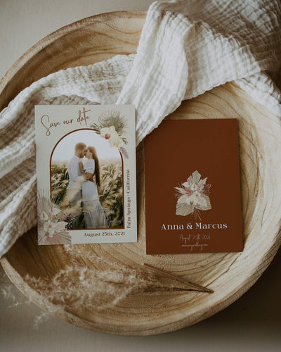 Boho Rust Wedding Save the Date with Photo - Burnt Orange Theme, Terracotta & Copper Saree - Instant Download Digital Template