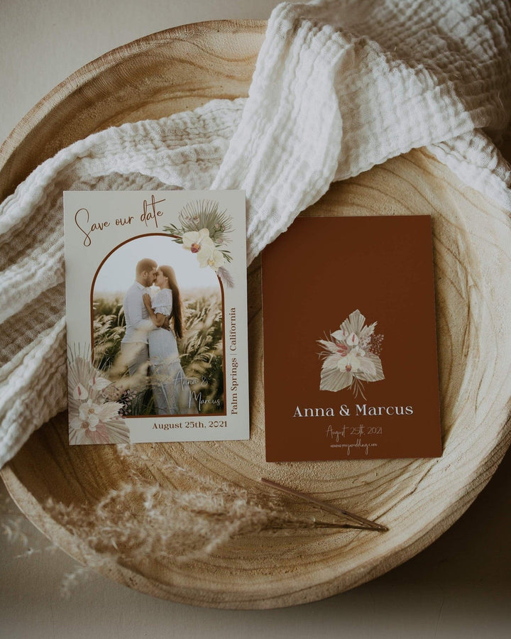 Boho Rust Wedding Save the Date with Photo - Burnt Orange Theme, Terracotta & Copper Saree - Instant Download Digital Template