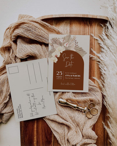Boho Rust Wedding Save the Date Postcard - Burnt Orange Theme - Terracotta - Copper Saree - Instant Download Digital Template