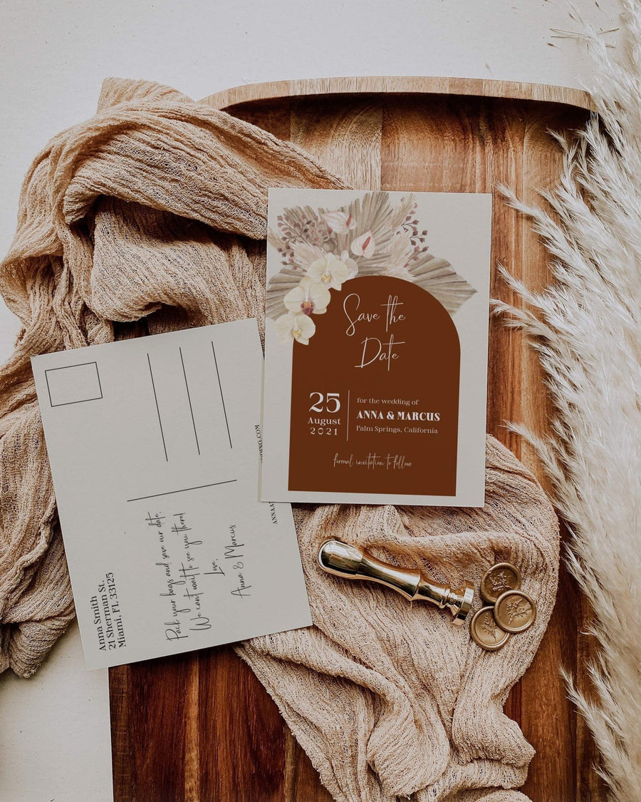 Boho Rust Wedding Save the Date Postcard - Burnt Orange Theme - Terracotta - Copper Saree - Instant Download Digital Template