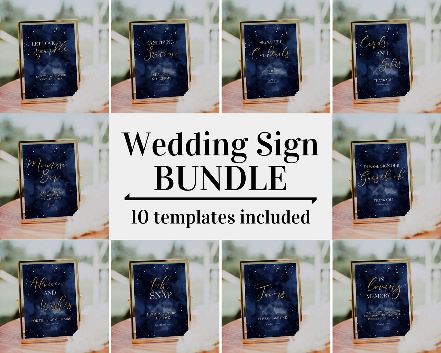 Celestial Wedding Sign Bundle, Moon Wedding Banner Set for Navy Blue und Gold Space Decorations #066