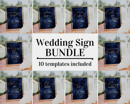 Celestial Wedding Sign Bundle, Moon Wedding Banner Set for Navy Blue und Gold Space Decorations #066