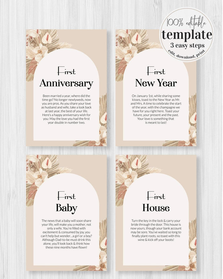 Boho Year of Firsts Wine Tags Download, Wedding Milestone Wine Labels, Funny Wedding Gift Couple Unique