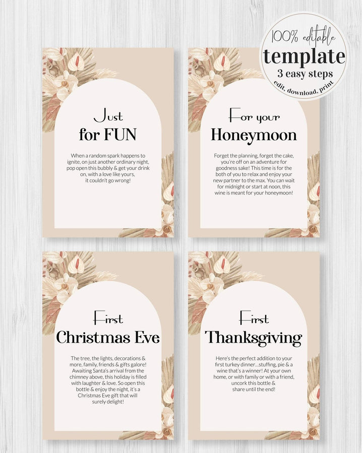 Boho Year of Firsts Wine Tags Download, Wedding Milestone Wine Labels, Funny Wedding Gift Couple Unique