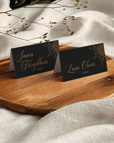 Place Cards for Celestial Moon Wedding , Boho Sun & Moon Printable Wedding Template, Starry Night Sky Wedding Gold Black #062