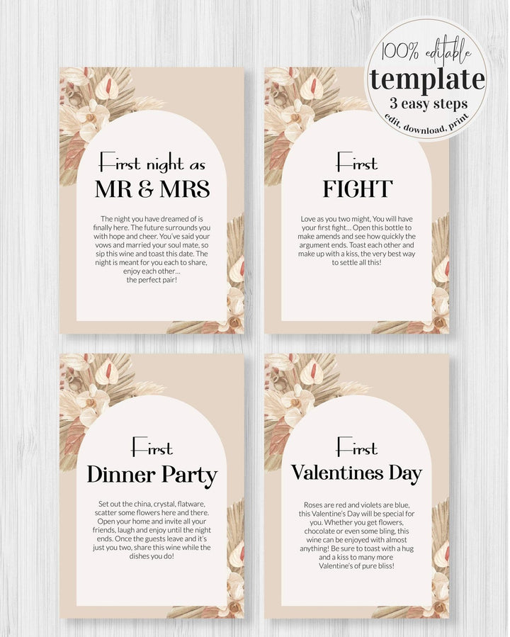 Boho Year of Firsts Wine Tags Download, Wedding Milestone Wine Labels, Funny Wedding Gift Couple Unique