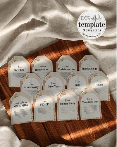 Boho Year of Firsts Wine Tags Download, Wedding Milestone Wine Labels, Funny Wedding Gift Couple Unique