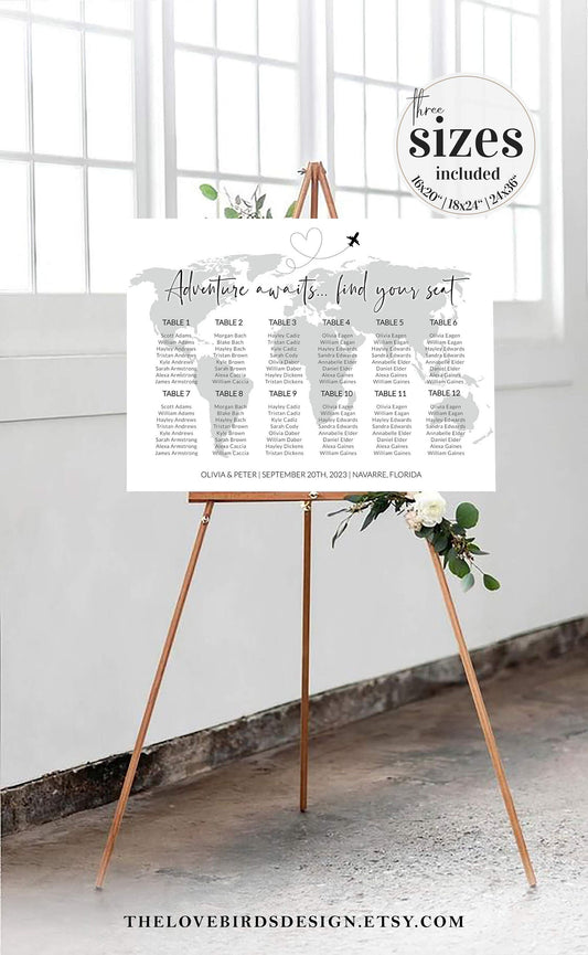 Travel Wedding Seating Chart for Destination Wedding Decor, Watercolor Map Seating Poster #072w