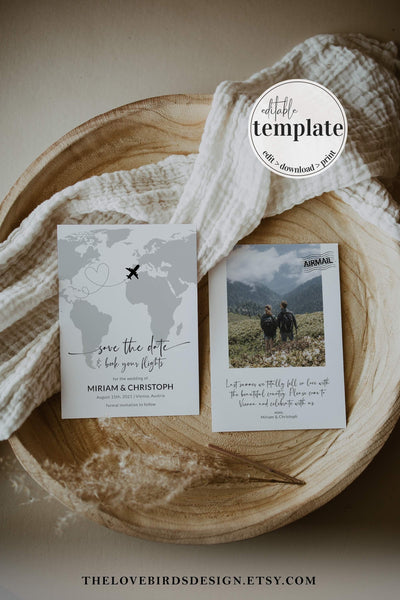 Destination Wedding Save the Date Template for Travel Wedding, World Map Save the Dates Card 072w - marryful