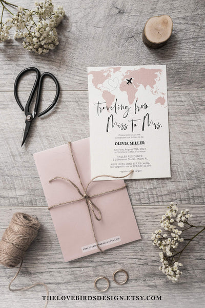 Travel Bridal Shower Invitation Template with Watercolor Map for Destination Wedding 072w - marryful