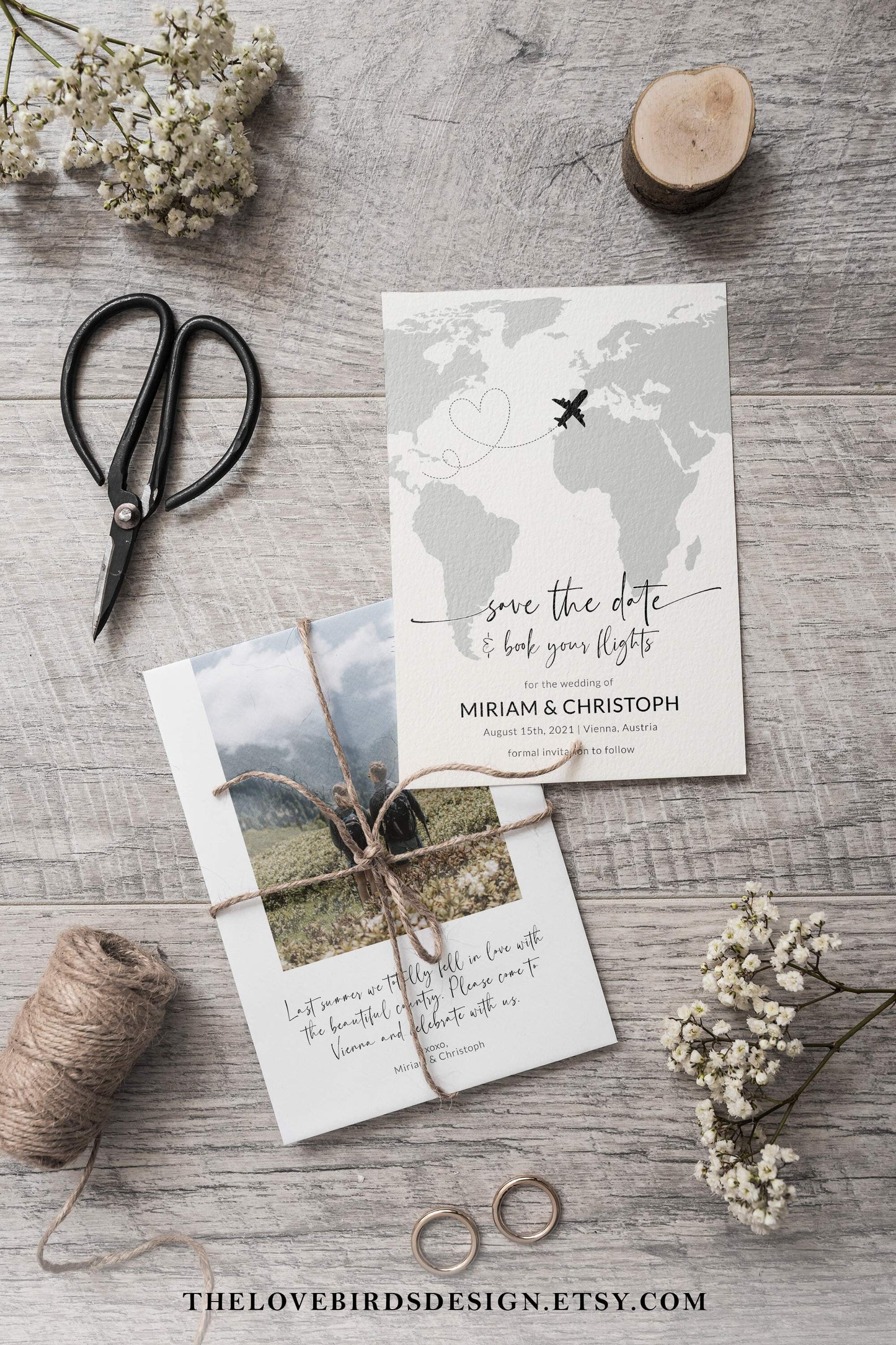 Destination Wedding Save the Date Template for Travel Wedding, World Map Save the Dates Card #072w