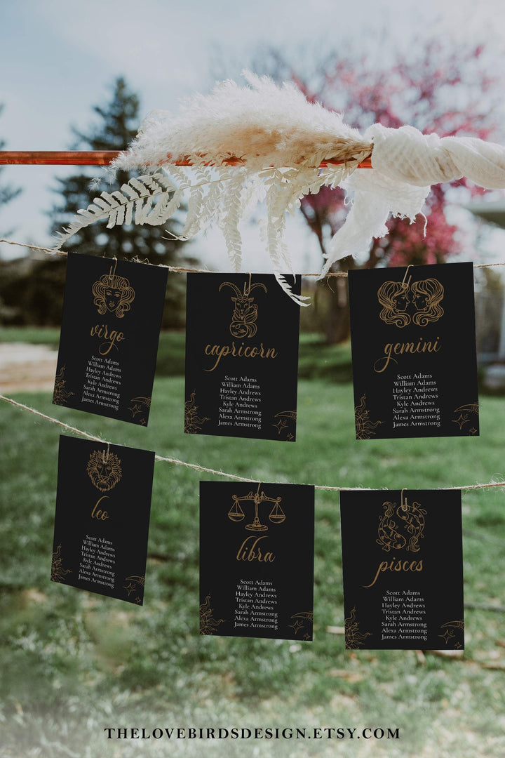 Witchy Wedding Seating Chart Cards Template with Zodiac Signs #062