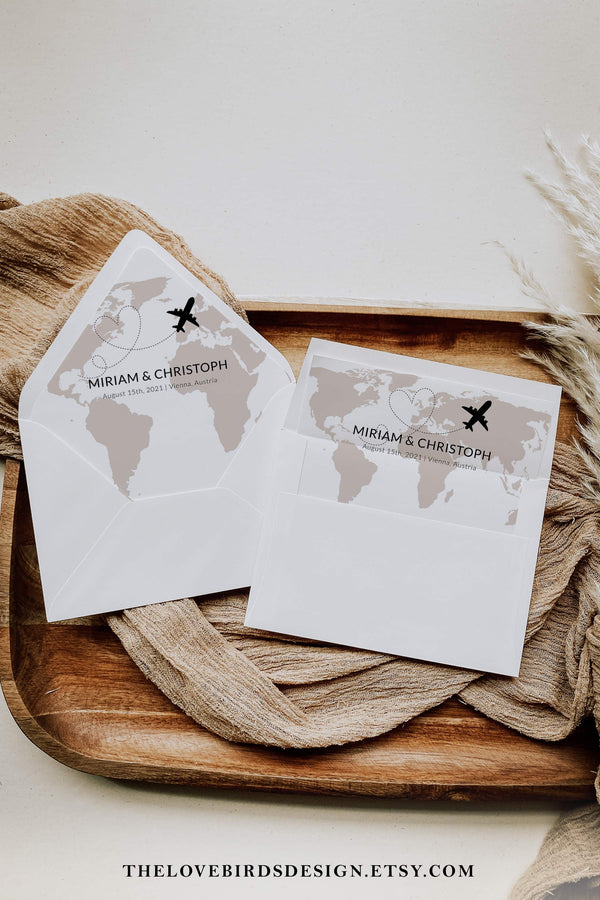 Destination Wedding Envelope Liners Template for Boarding Pass Wedding Invitation, Travel Themed Wedding Envelope #072w
