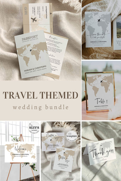 Destination wedding stationery bundle, travel themed wedding suite, Watercolor World Map Wedding Invitation Template 072w - marryful