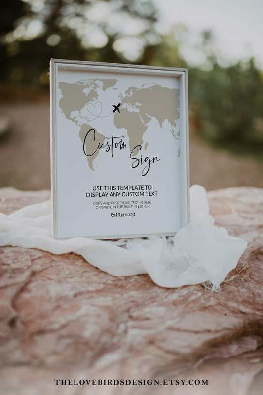 Travel Themed Wedding Sign, Custom Wedding Signage for destination wedding with watercolor world map #072w