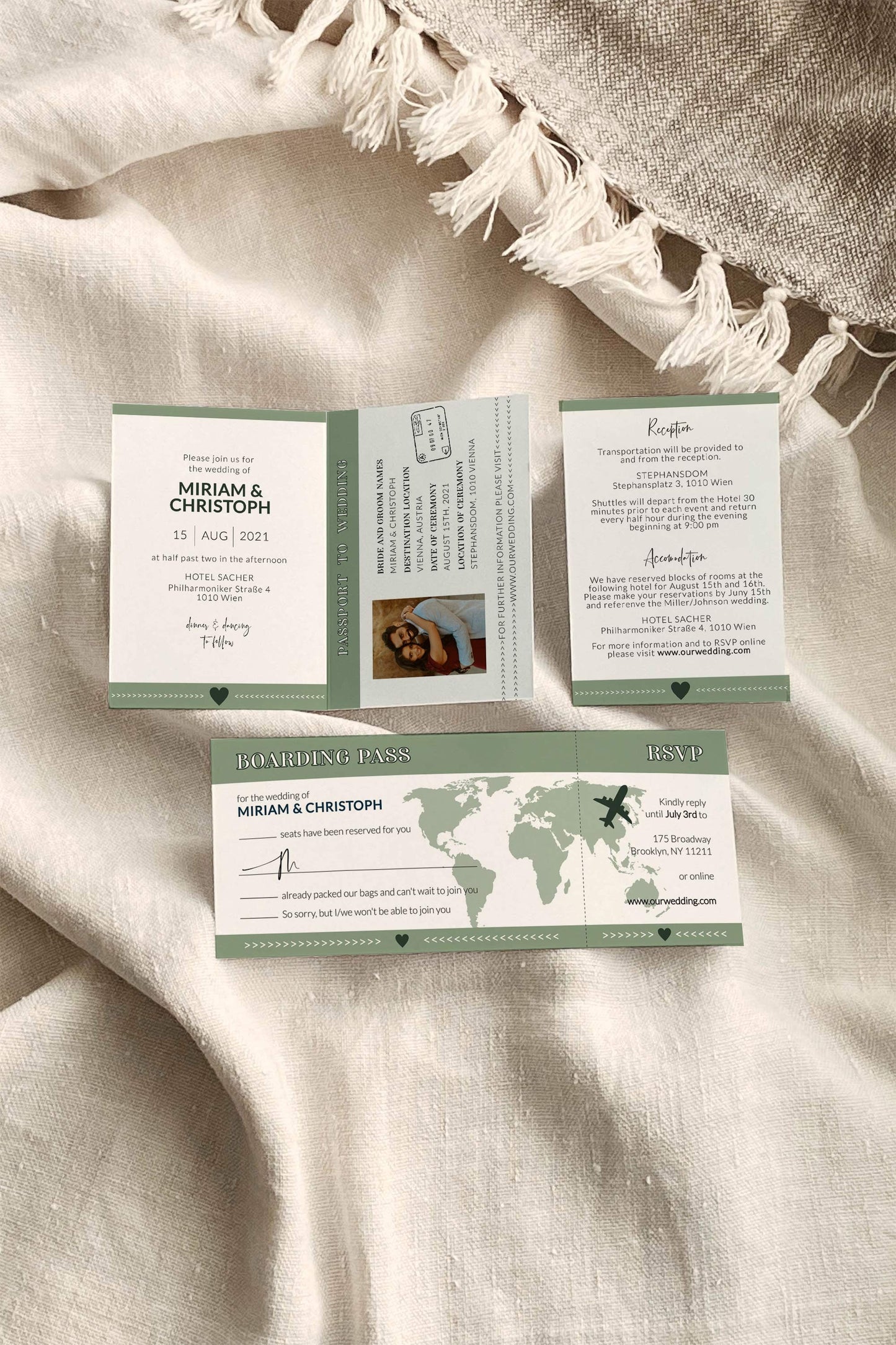 Green Passport Wedding Invitation, Travel Themed Wedding Passport Template Watercolor Map #072w
