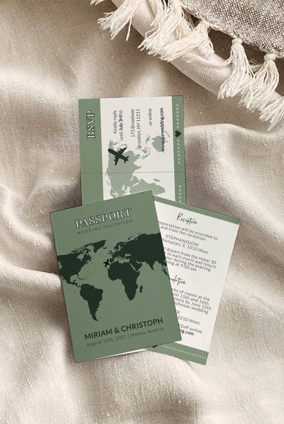 Green Passport Wedding Invitation, Travel Themed Wedding Passport Template Watercolor Map 072w - marryful