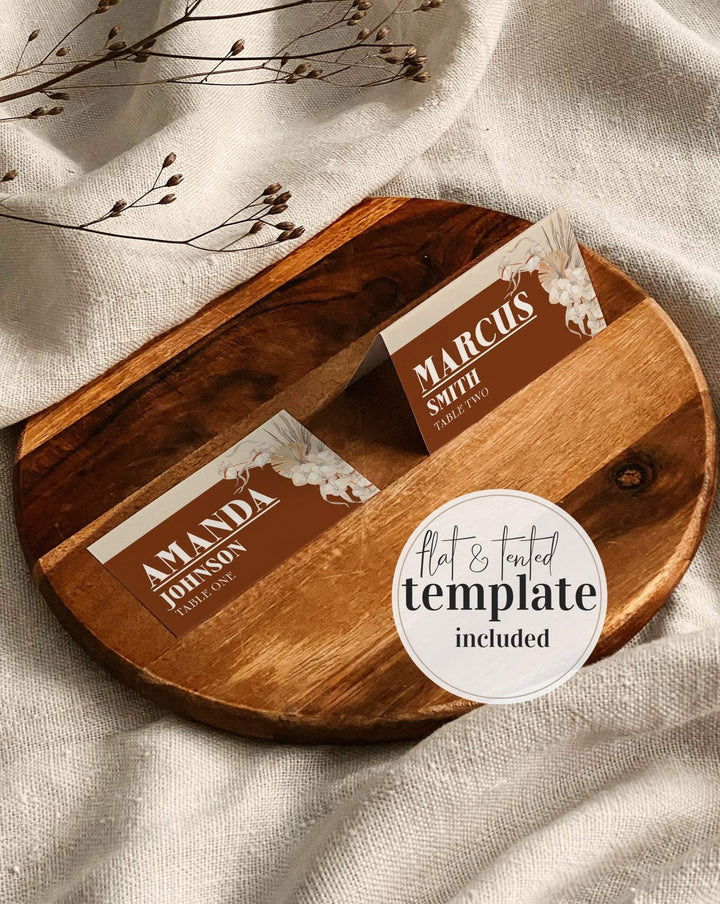 Boho Rust Wedding Place Cards - Burnt Orange & Terracotta Theme - Copper Saree Design - Instant Download Digital Template
