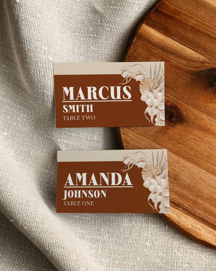 Boho Rust Wedding Place Cards - Burnt Orange & Terracotta Theme - Copper Saree Design - Instant Download Digital Template