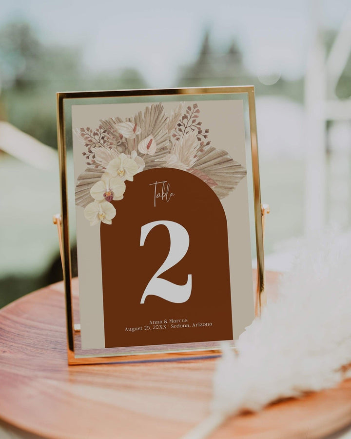 Boho Rust Wedding Table Numbers - Burnt Orange & Terracotta Theme - Copper Saree - Instant Download Digital Template