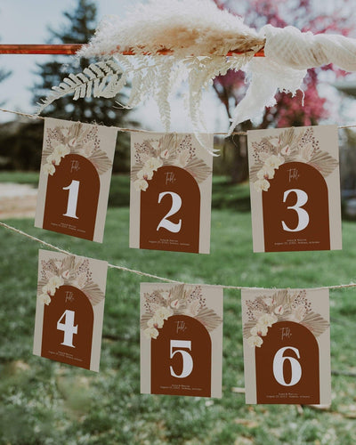 Boho Rust Wedding Table Numbers - Burnt Orange & Terracotta Theme - Copper Saree - Instant Download Digital Template