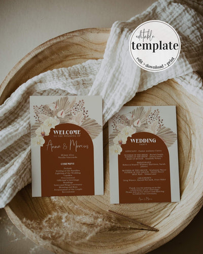 Rustic Terracotta Boho Wedding Itinerary - Burnt Orange Theme, Copper Saree, Instant Download Digital Template