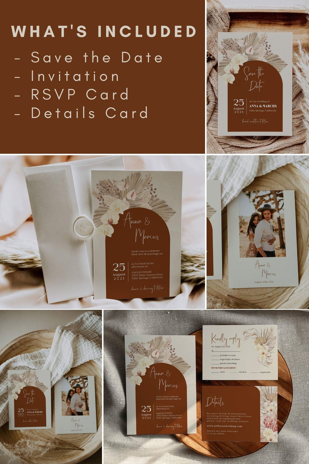 Rust & Terracotta Boho Wedding Invitation Bundle | Burnt Orange Theme | Copper Saree | Instant Download Digital Template