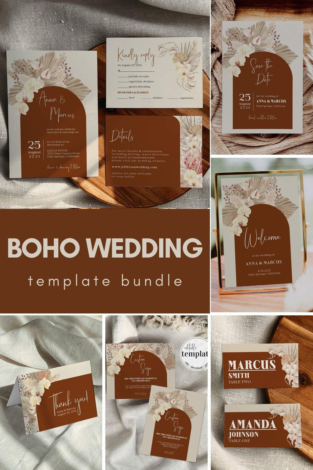 Rust & Terracotta Boho Wedding Invitation Bundle | Burnt Orange Theme | Copper Saree | Instant Download Digital Template