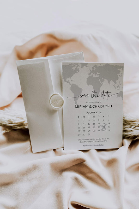 Save the date Destination Wedding Calendar for Travel Wedding, World Map Save the Dates Template #072w