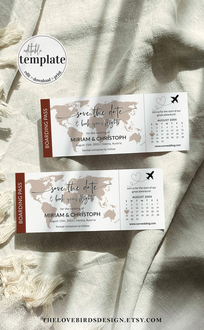 Destination Wedding Save the Date Calendar Template, Boarding Pass Wedding Invitation for Travel Wedding 072w - marryful
