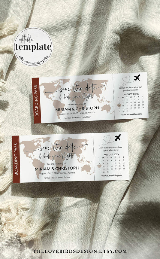 Destination Wedding Save the Date Calendar Template, Boarding Pass Wedding Invitation for Travel Wedding #072w