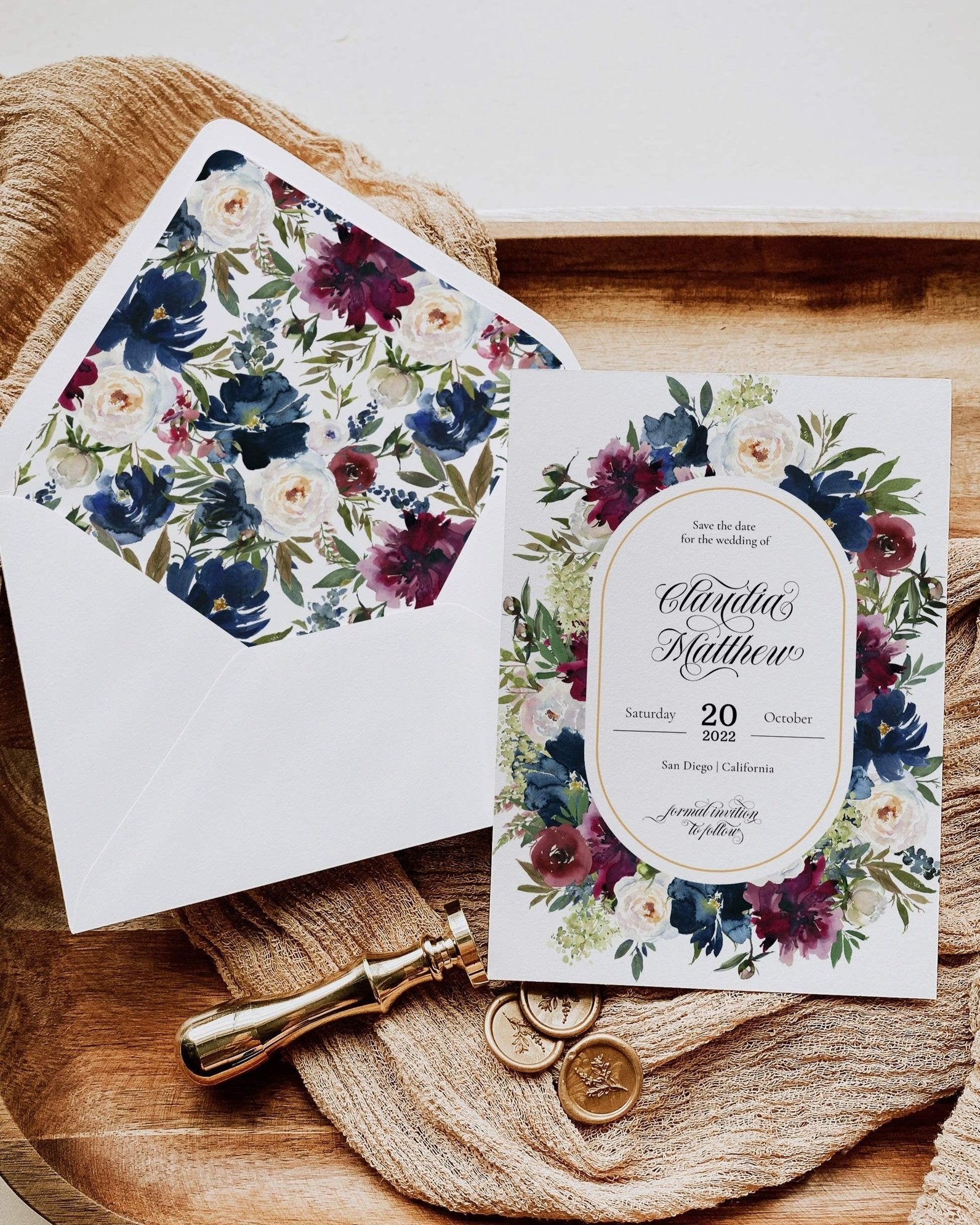 Burgundy Wedding Floral Envelope Liners Template for Burgundy Navy Blush Wedding Invitation #003